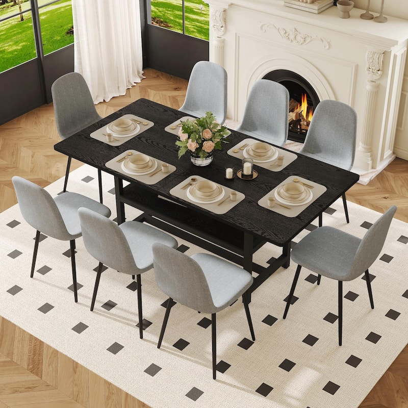 9-Piece Dining Table Set for 8, 71-Inch Rectangular Kitchen Table with 8 Linen Chairs, Modern Metal Frame Dining Room Set