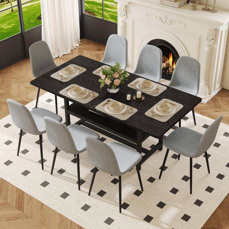 9-Piece Modern Dining Table Set with Storage, 71x35.4 Inch Wood Grain Table & 8 High-Resilience Fabric Chairs