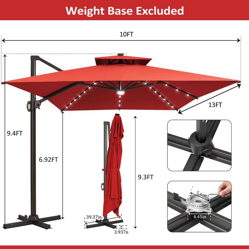 10 X 13 FT Outdoor Patio Cantilever Umbrella with Solar Lights Double Canopy 360 RotationTilt
