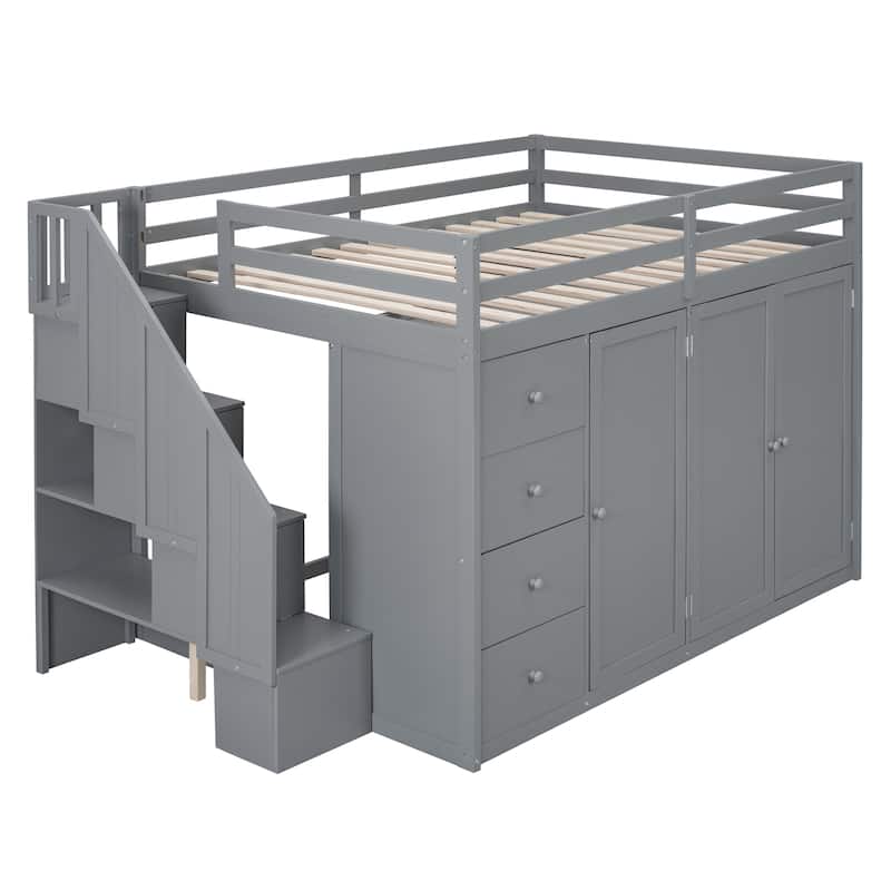Full Loft Bed w/ Storage Staircase, 4 Drawers, Cabinet, Two Wardrobes