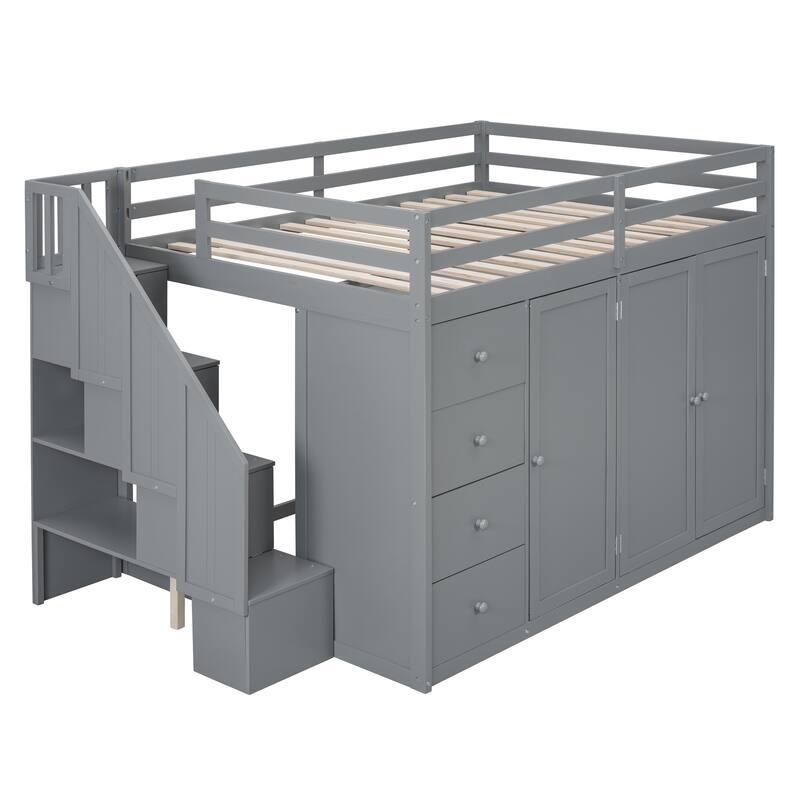 Full Size Gray Wood Loft Bed with Built-in Wardrobes, Cabinets, and Drawers