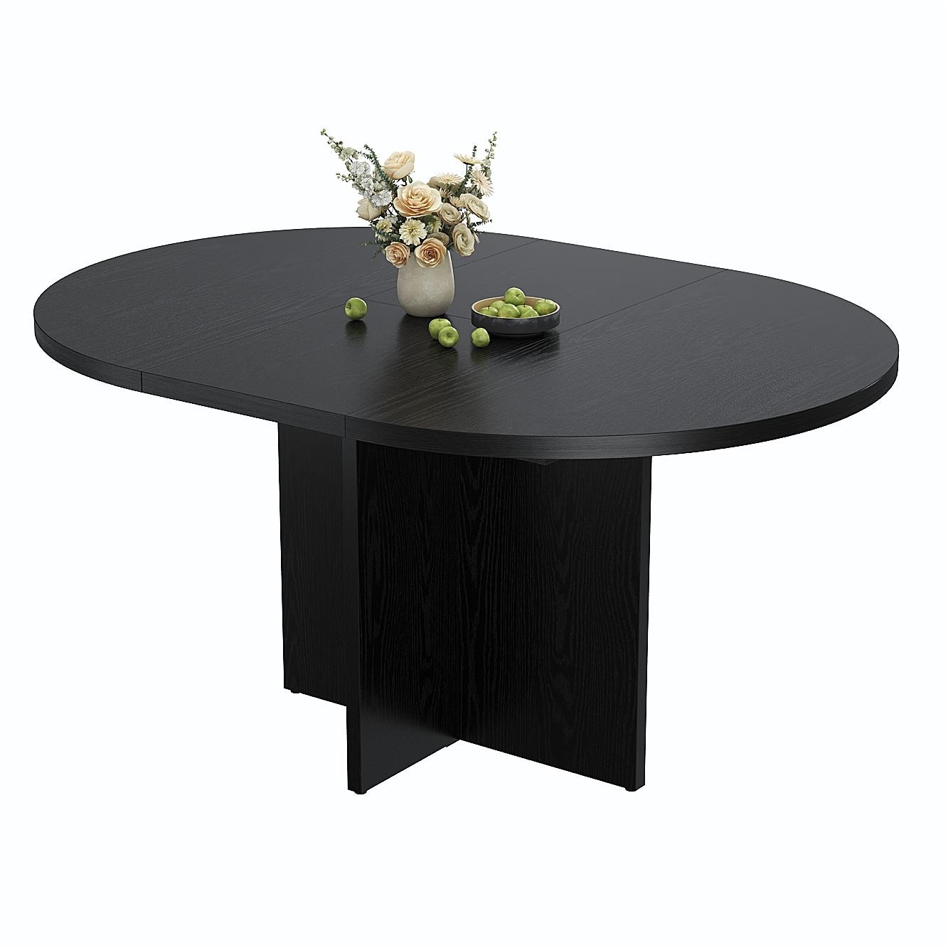 43.3''-59'' Extendable Dining Table for 4-6, Round to Oval Kitchen Table with Hidden Storage & Sturdy Cross Base