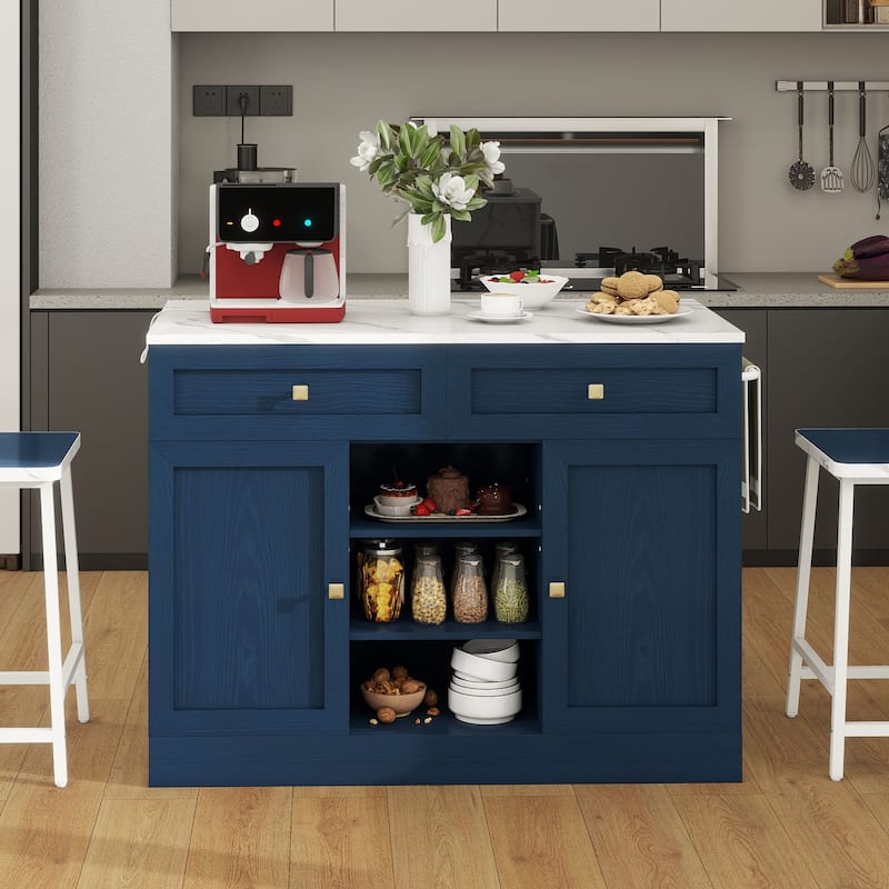 Moasis Modern Kitchen Furniture with Power Outlets, Kitchen Cabinet with Functional Design and White Marble Finish - Navy Blue