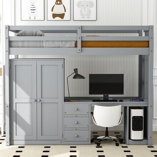Twin Loft Bed with Wardrobe, Desk & Drawers - Space-Saving Design, Grey