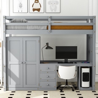 Twin Size Loft Bed with Desk, Wardrobe and Storage Drawers
