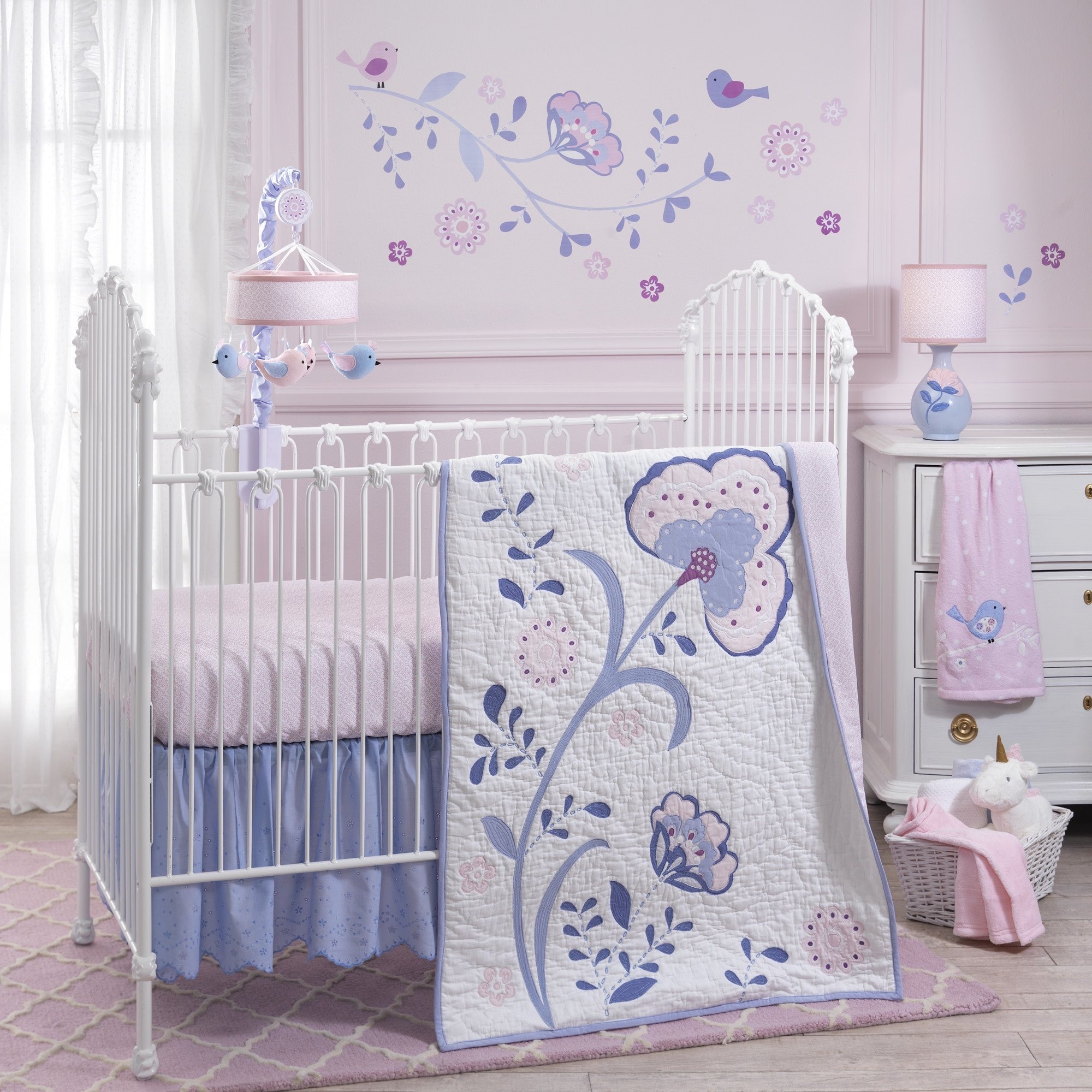 purple and gray baby bedding