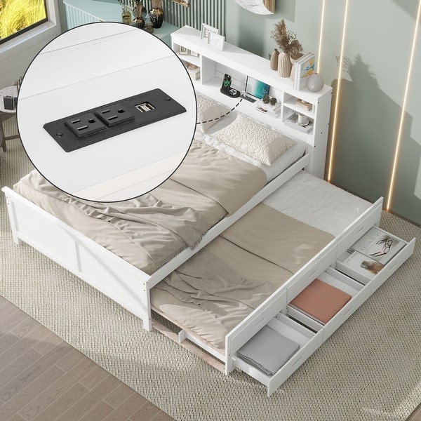 slide 2 of 32, Twin/Full Size Storage Platform Bed with Bookcase Headboard and 3 Drawers, Wood Platform Bed with Twin Size Trundle and USB Port White - Full