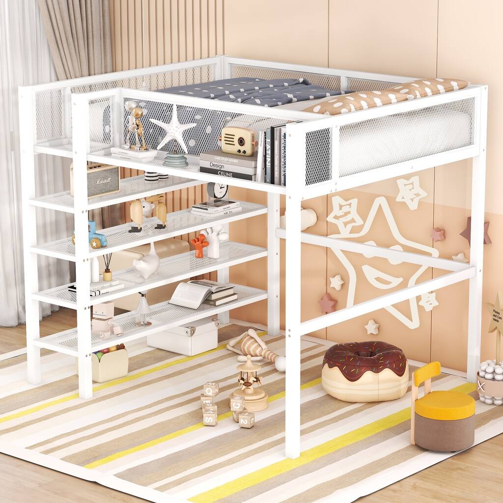 Full Size Metal Loft Bed with 4-Tier Shelves, Workstation, and Full-length Guardrail