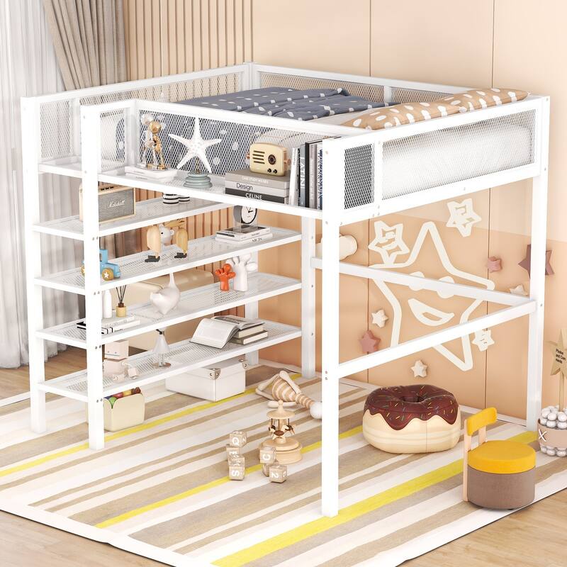 Twin/Full Metal Loft Bed with Built-in Desk, Shelves, and Storage, Modern Design - White - Full
