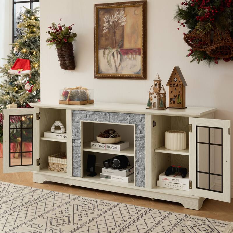 Classic TV Stand Entertainment Center for up to 65" TVs, Faux Stone Media Console Cabinet for Living Room - White