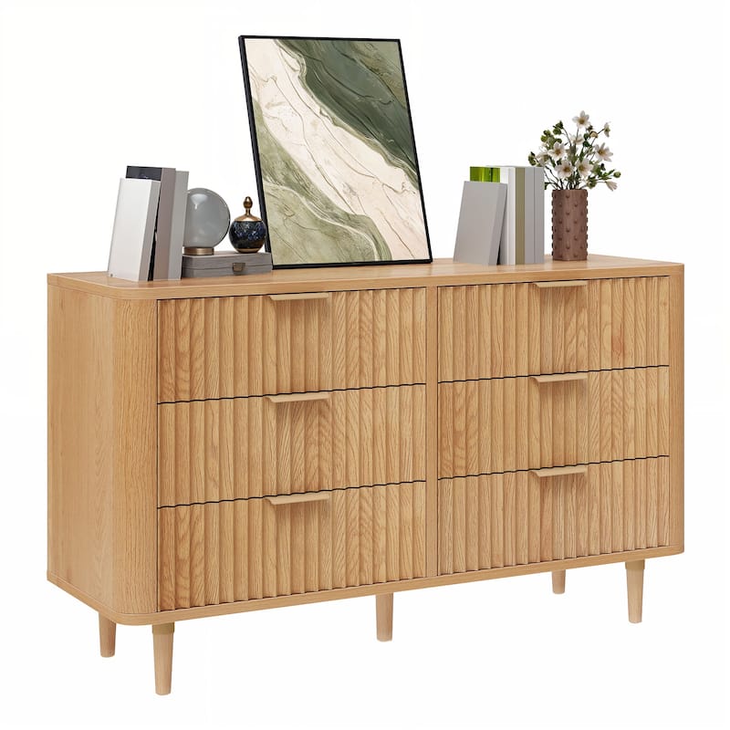 6 Drawer Wood Dresser with Wave Fluted Panel Storage Organizer for Bedroom