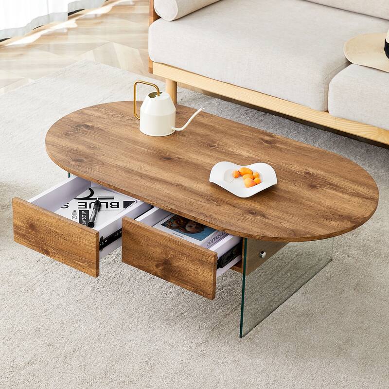 Anmytek Wood Tone Oval Coffee Table with 2 Drawers Modern Living Room Storage Centerpiece