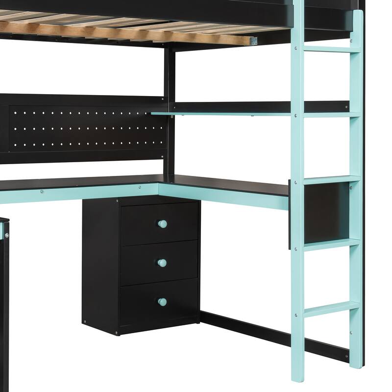Gaming Loft Bed with Desk - Full/Twin, Includes Storage Stairs, Shelves & Pegboard