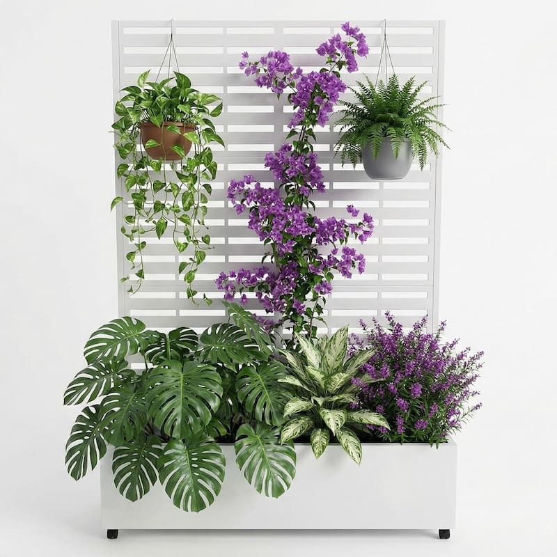 72"*47"*16" Raised Garden Bed with Trellis, Planter Box with Privacy Screen, Wheels for Climbing Plants - White