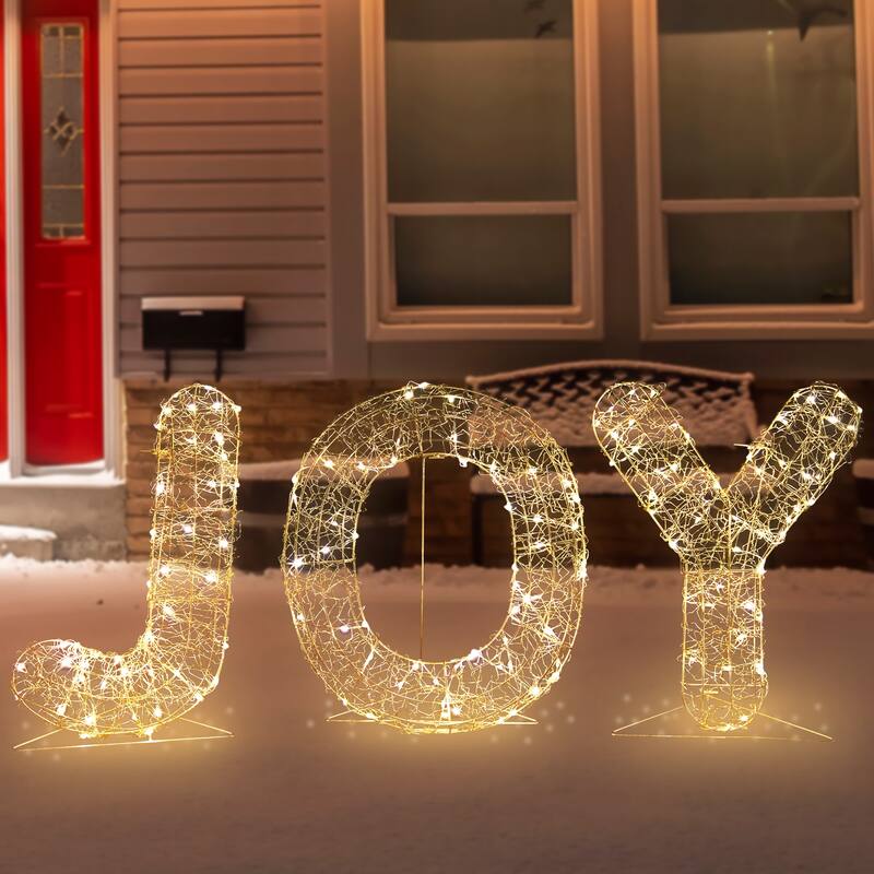 16" LED Twinkle Lighted Gold Metal Wire Joy Sign Christmas Decor