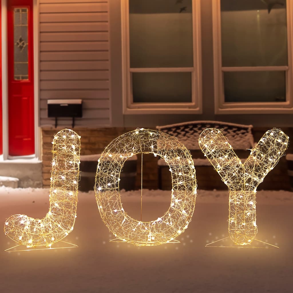 16" LED Twinkle Lighted Gold Metal Wire Joy Sign Christmas Decor