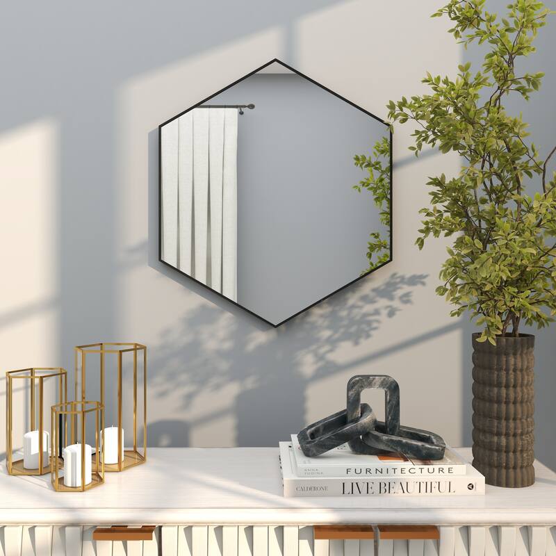 Contemporary Hexagon Wood Wall Mirror - Multiple Finishes and Sizes
