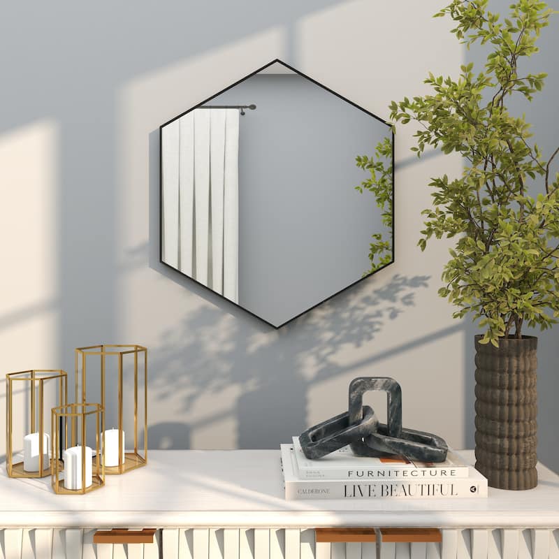 Wooden Hexagon Room Wall Mirror with Thin Minimalistic Frame - Black or Gold - CosmoLiving by Cosmopolitan