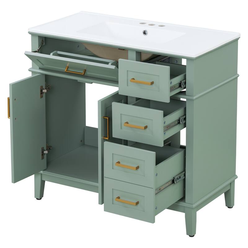 36" Bathroom Vanity Cabinet with Ceramic Sink, Soft-Close Door and 4 Storage Drawers