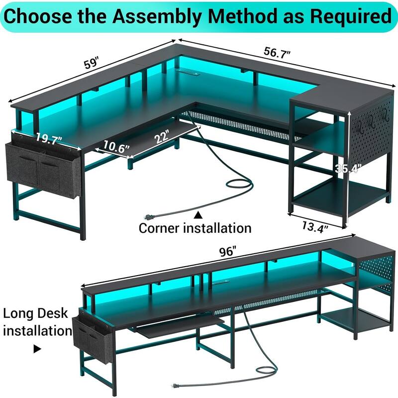Reversible Computer Desk with Keyboard Tray & Pegboard & Storage Bag