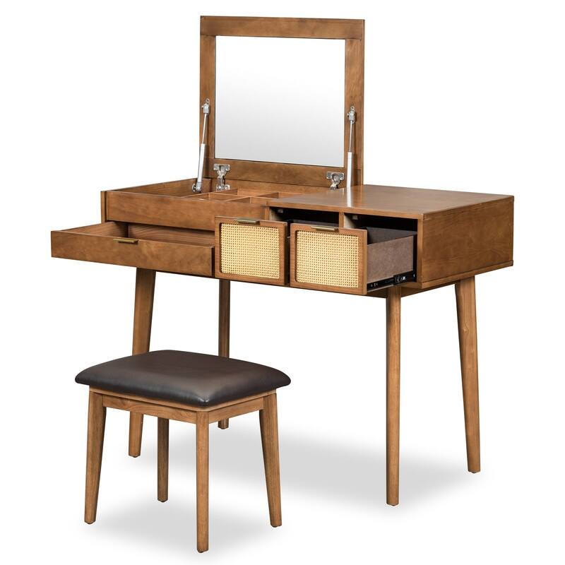43.3" Classic Wood Makeup Vanity Set with Hidden Mirror, 3 Drawers & Upholstered Stool