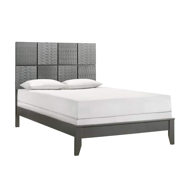 Deny Full Size Bed w Patterned Headboard, Tapered Front Legs, Metallic Gray