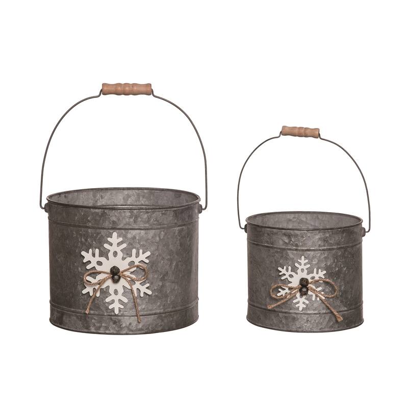 Transpac Metal 9.5 in. Gray Christmas Buckets with Dimensional Snowflake Set of 2