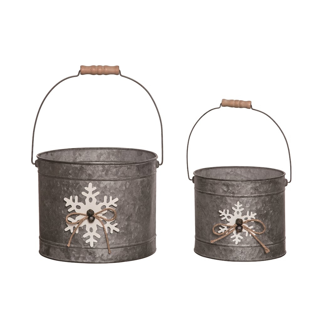 Transpac Metal 9.5 in. Gray Christmas Buckets with Dimensional Snowflake Set of 2
