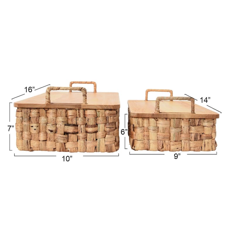 Household Essentials Stackable Hyacinth Baskets with Oak Lids - 10.2"L x 15.8"W x 7.1"H