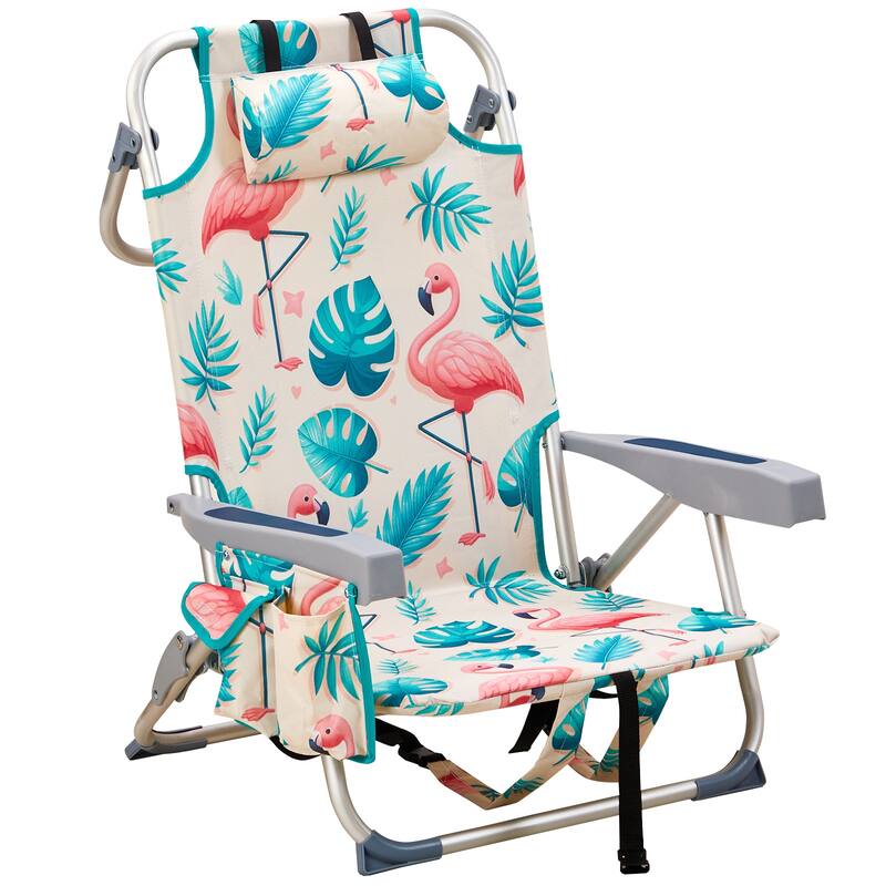 Multi Color Aluminum Folding Beach Chair 5 Position Recliner with Storage - 24.8 x 23.62 x 32.28 in (L x W x H) - Multi