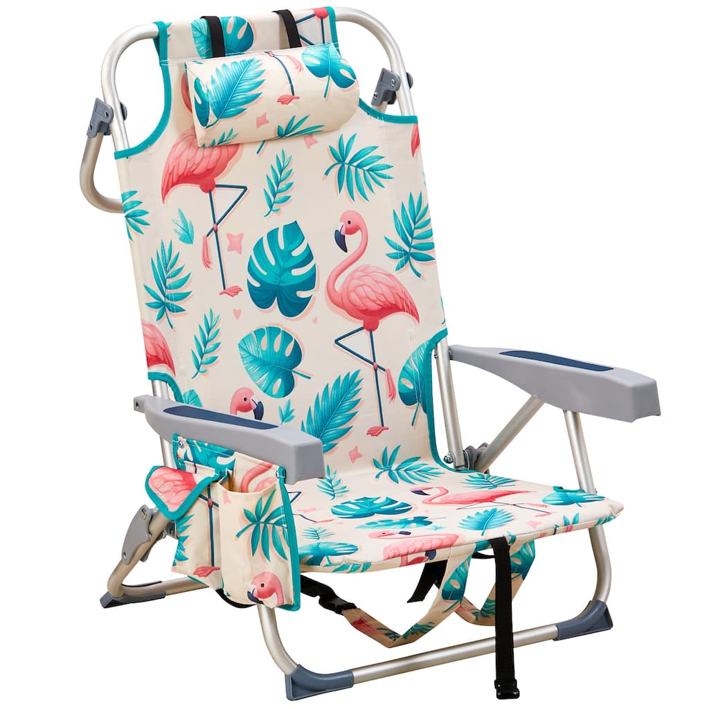 Multi Color Aluminum Folding Beach Chair 5 Position Recliner with Storage - 24.8 x 23.62 x 32.28 in (L x W x H)