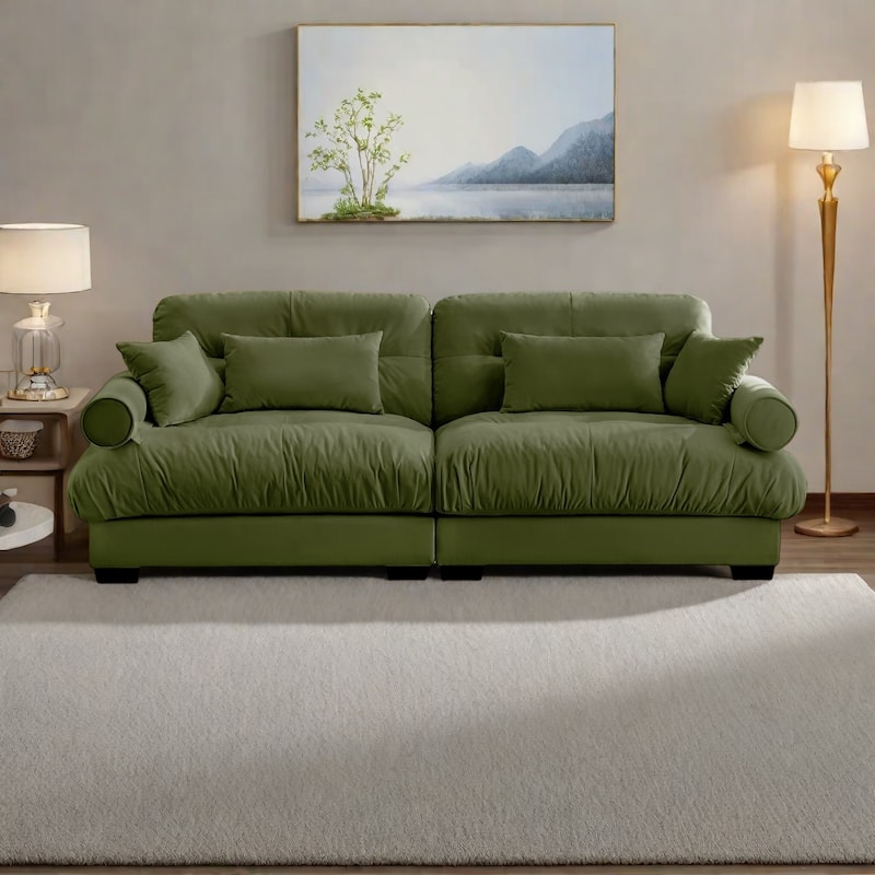93.7"Velvet 3-Seater Sofa with Bolster Armrests, High-Resilience Sponge Cushions - Olive Green
