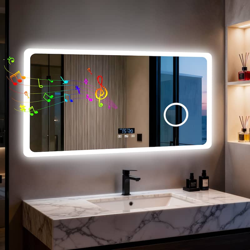 Smart LED Bathroom Mirror with Bluetooth Speaker, Anti-Fog Magnifying - 48x28 inch 