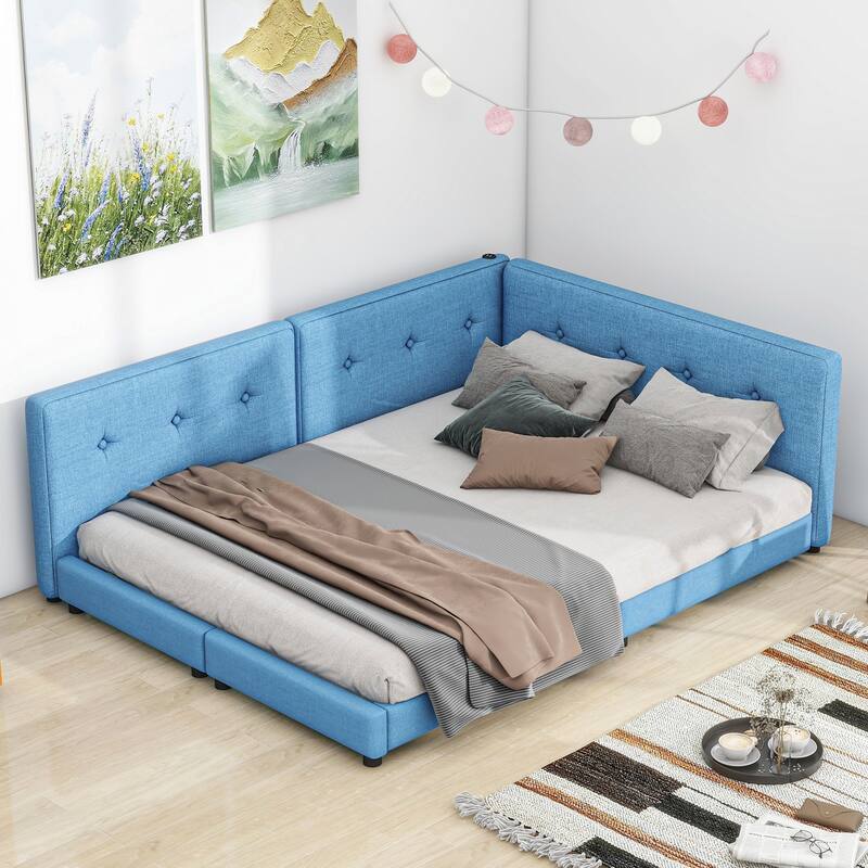 Queen Size Linen Daybed Bed w/ USB Ports Upholstered Platform Bed Frame & Solid Wood Slats Support, Space-Saving/Easy Assembly