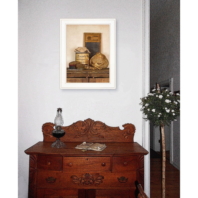 TrendyDecor4U Traditional "Laundry Soap" Framed Print Wall Art by Susie Boyer - Brown, Tan, White, Blue, Gray, Green White
