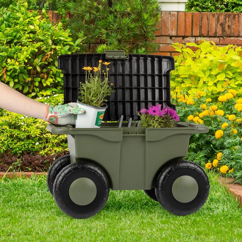 Rolling Garden Cart with Seat - Plastic Storage with Bench and Interior Tool Tray by Pure Garden (Green)