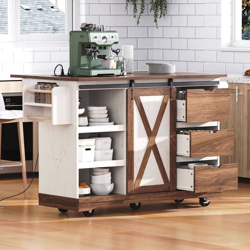 Farmhouse Kitchen Island with Drop Leaf, Kitchen Storage Island with Barn Door, Power Outlet, Rolling Kitchen Cart on Wheels