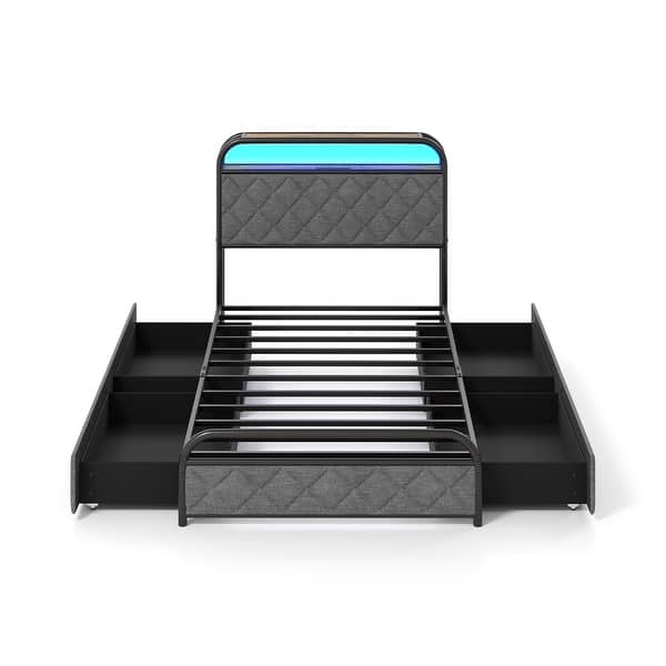 slide 2 of 8, Black Metal Twin Platform Bed with LED Lights Storage Headboard and Drawers Black