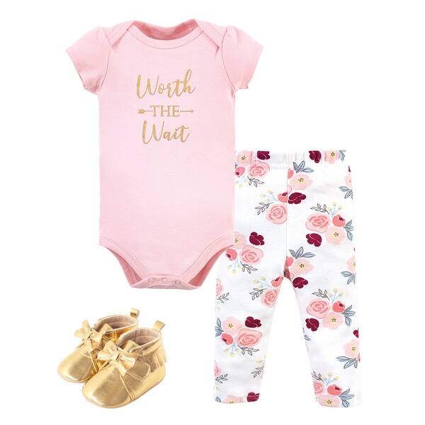 slide 1 of 1, Little Treasure Baby Girl Cotton Bodysuit, Pant and Shoe 3pc Set, Worth The Wait 0-3 Months - Worth The Wait