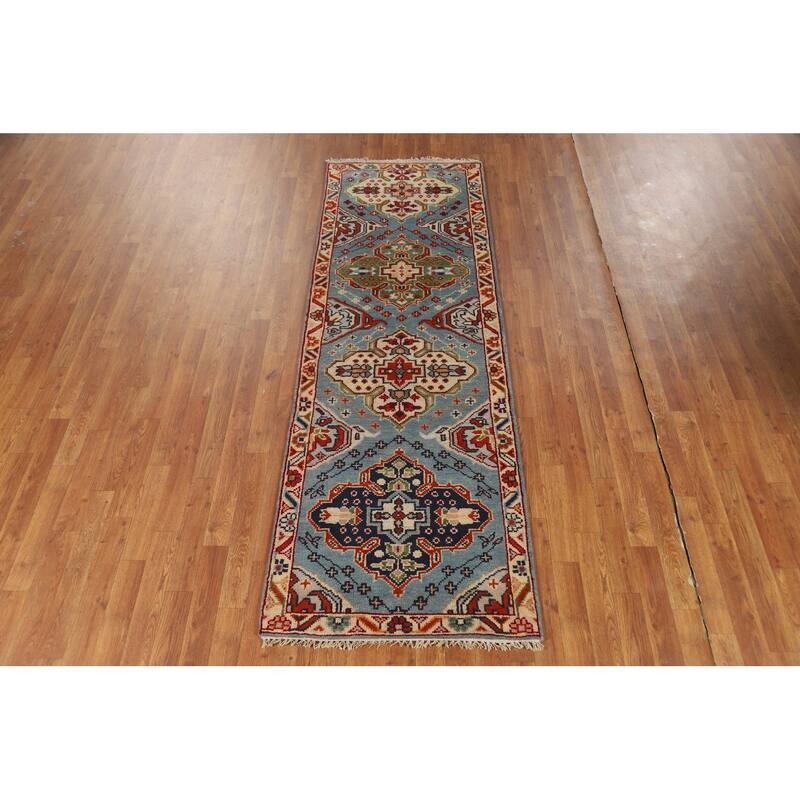 Light Blue Geometric Kazak Indian Runner Rug Hand-Knotted Wool Carpet - 2'7"x 7'10"