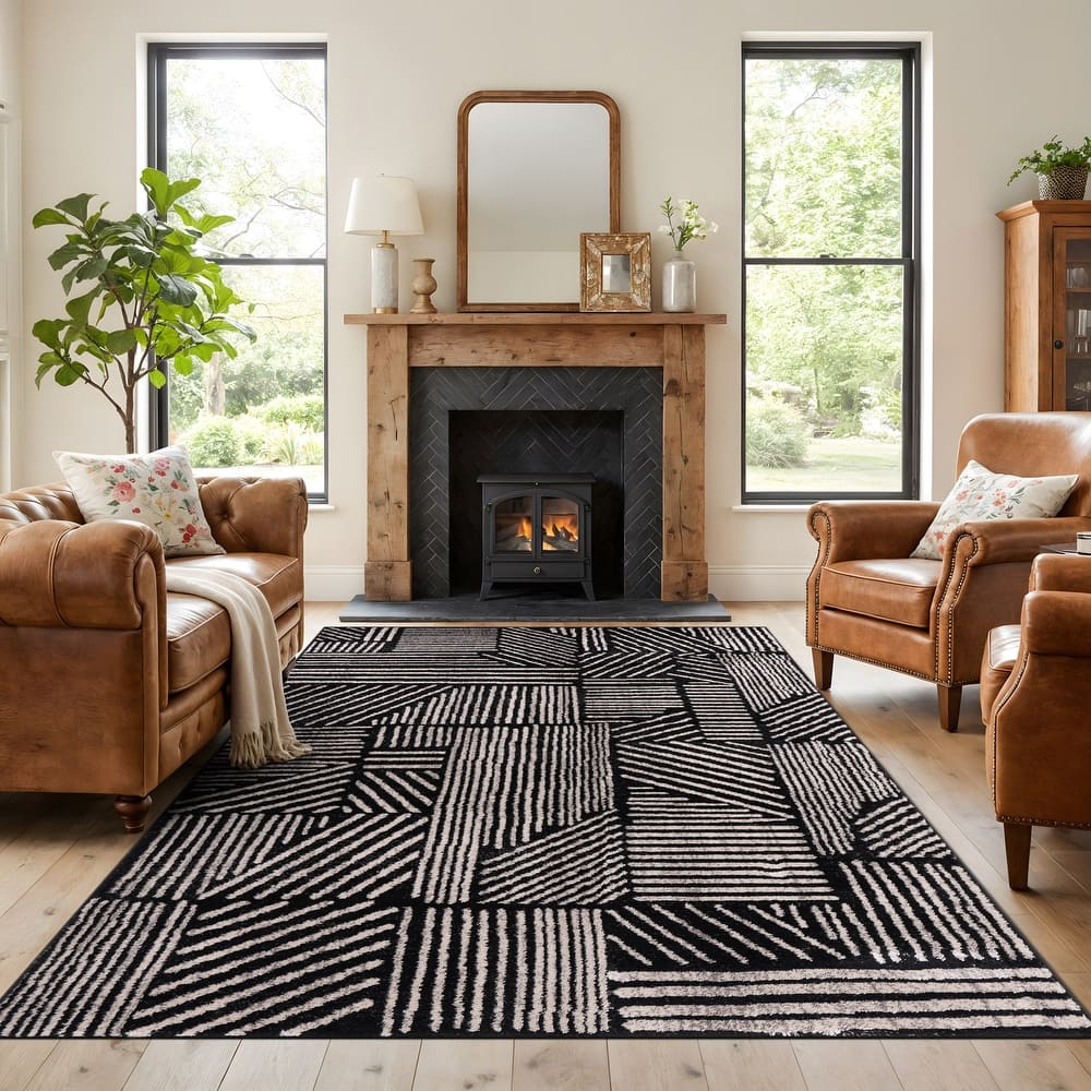 World Rug Gallery Contemporary Boho Stripes Black Area Rug