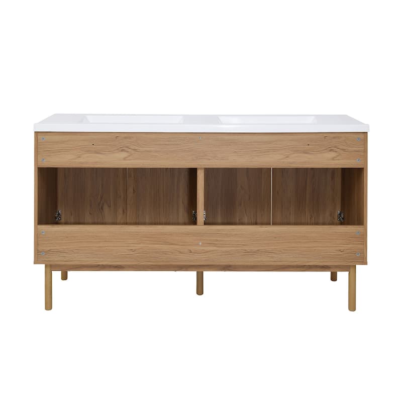 Classe 60 In. Brown Oak, Double Basin Bathroom Vanity With White, 3-Hole ArtificialStone Sink Top