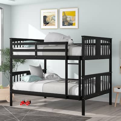 Full over Full Bunk Bed with Ladder for Bedroom, Guest Room Furniture-Espresso