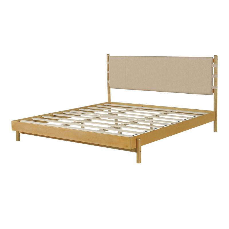 Premium Rubber Wood Platform Bed Frame, King Bed Frame with Headboard Included, Mid Century Modern Bed With Walnut+Light Grey