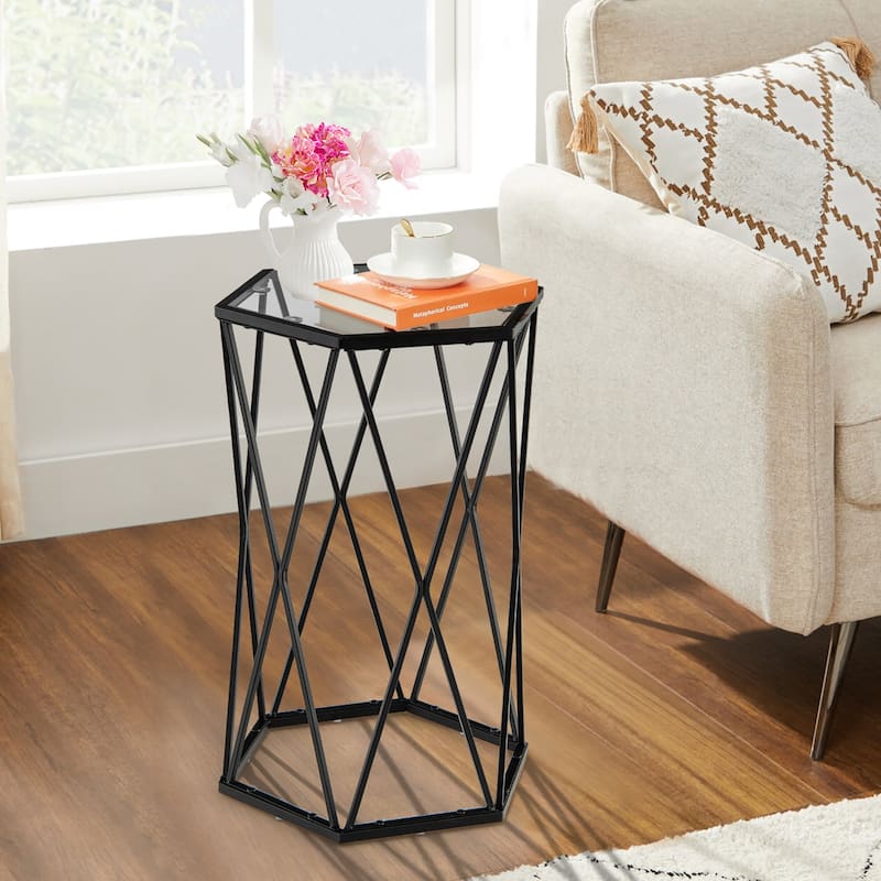 Costway End Table Tempered Glass Top Metal Frame Hexagonal Accent Side - 16''x 13.5''x 24''
