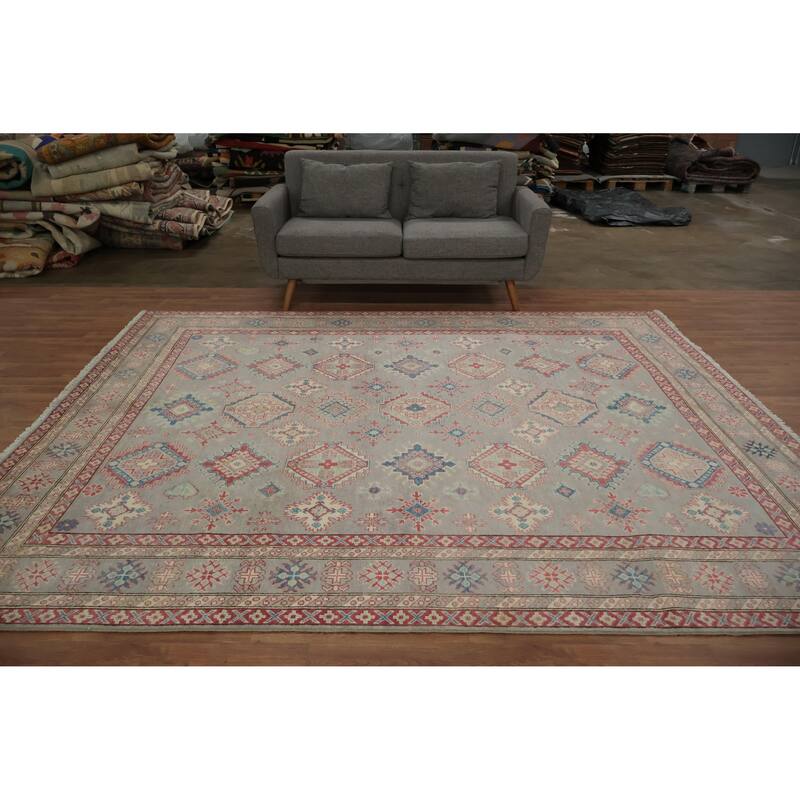 Hand Knotted Oriental 100% Wool Carpet Traditional Geometric Greys & Charcoal Kazak Area Rug - 9' 9'' X 8' 3''