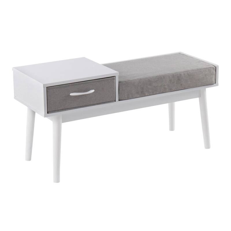 Telephone Contemporary Bench in Natural Wood and Grey Fabric with Pull-Out Drawer by LumiSource