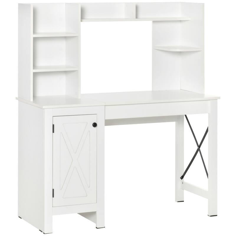 Farmhouse Computer Desk with Hutch and Cabinet, Home Office Desk with Storage and Shelves - White