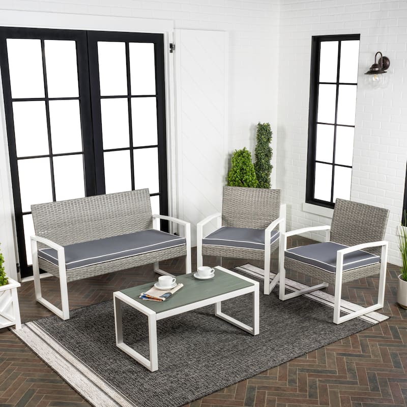 Thom 4-Piece Modern Coastal Faux Wicker Conversation Outdoor Patio Set, by JONATHAN Y