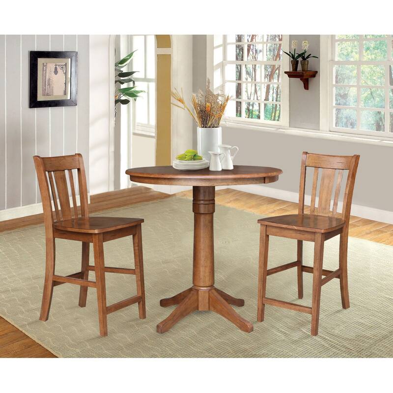 36" Round Wood Extension Dining Table with 2 Counter Height Bar Stools - N/A